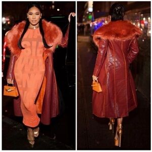 Cult Gaia Elaine Faux Fur Trimmed Vegan Leather Coat NWT